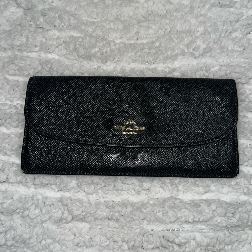 Coach black leather long wallet 7.75” x 3.75” gold hardware